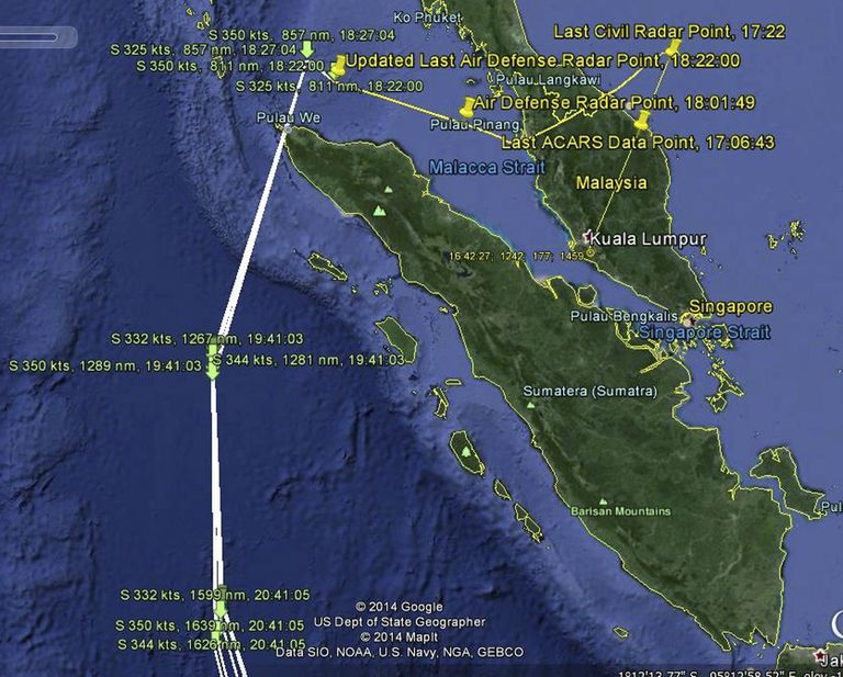Kaart, millele on märgitud Malaysia Airlinesi lennuki Boeing 777 lennusuund