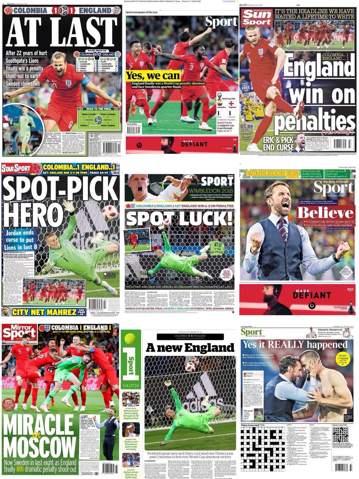 Inglismaa ajalehtede eilsete spordisektsioonide esikaantel jagus ruumi triumfi kõigile osalistele &ndash; kaptenile Harry Kane&rsquo;ile, otsustava penalti tabanud Eric Dierile, väravasuul hiilanud Jordan Pickfordile ja peatreener Gareth Southgate&rsquo;ile.