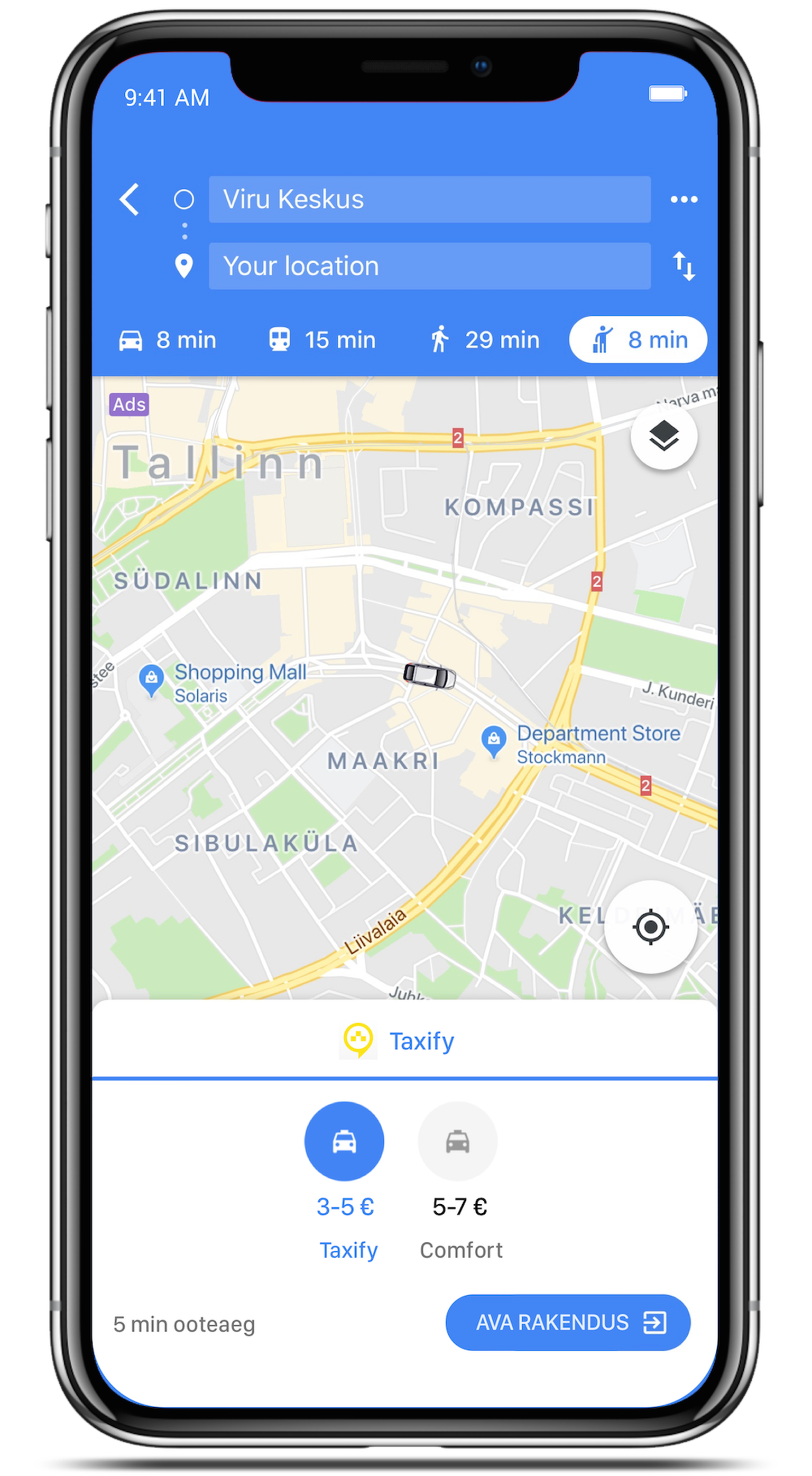 Теперь Taxify можно заказать и через Google Maps.