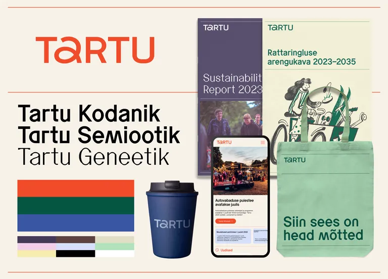 Valik näiteid Tartu uue visuaalse identiteedi kasutusvõimalustest.