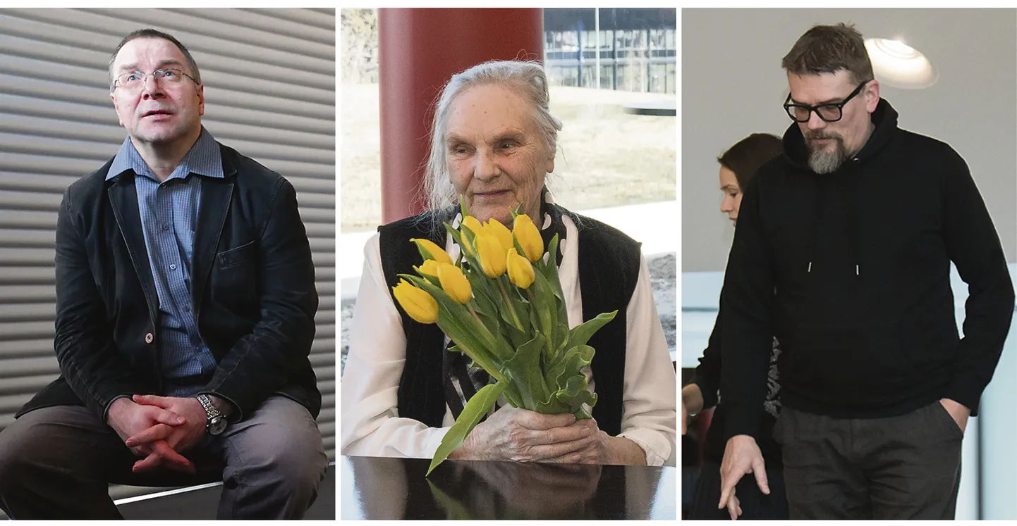 Ugala teatri endine juht Peeter Tammearu (vasakul) ning 37 aastat Ugala teatrikunstnikuna töötanud Ingrid Agur saavad rinda Valgetähe V klassi teenetemärgi, praegugi Ugalas näitleja ja lavastajana töötav Andres Noormets Valgetähe IV klassi aumärgi.