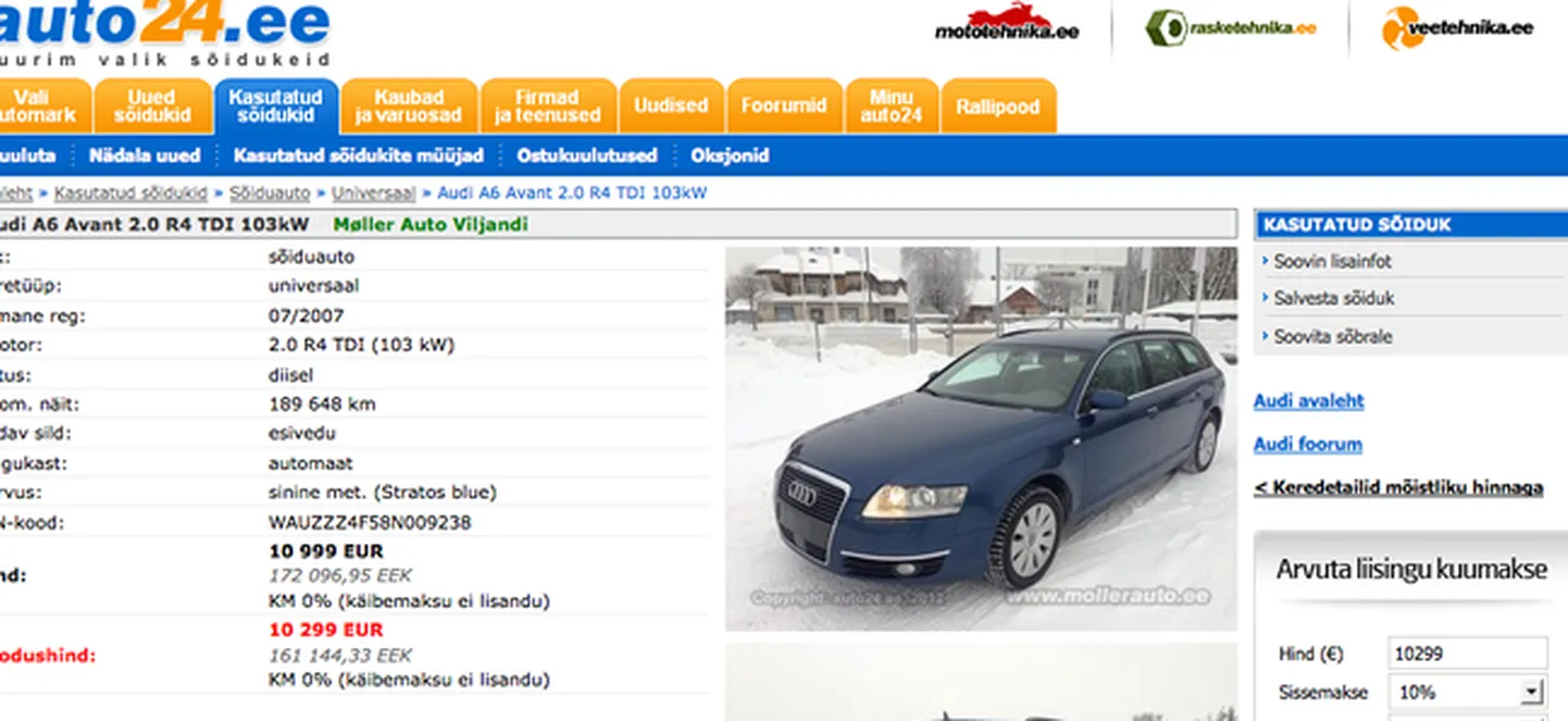 Muudetud läbisõidumõõdikuga auto müügikuulutus.