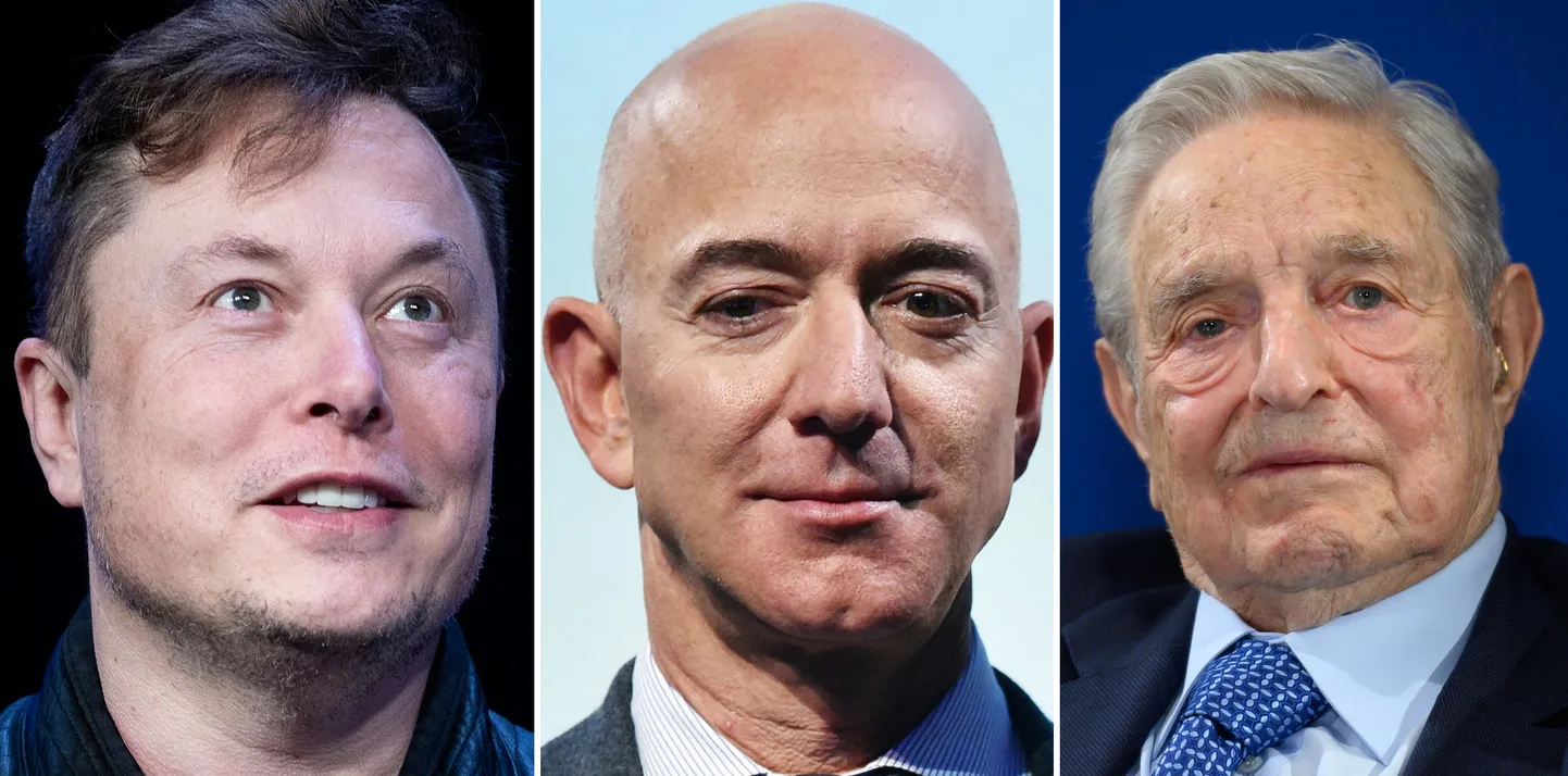 Kompānijas "Amazon" vadītājs Džefs Bezoss, uzņēmuma "Tesla" vadītājs Īlons Masks, finansists Džordžs Soross