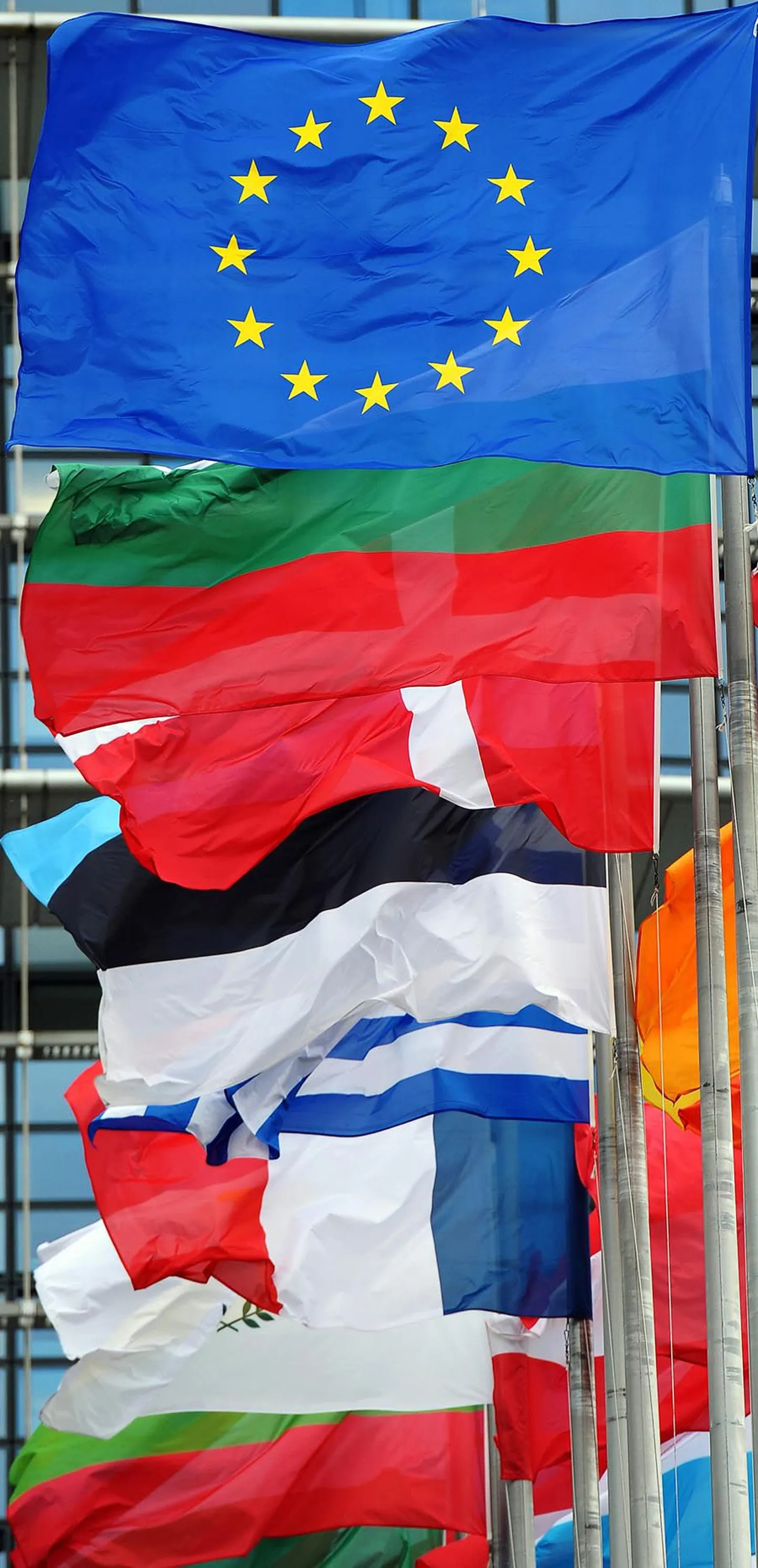 Euroopa Liidu lipp kõige ees ja liikmesriikide lipud selle järel lehvimas Strasbourgis Euroopa Parlamendi hoone ees.