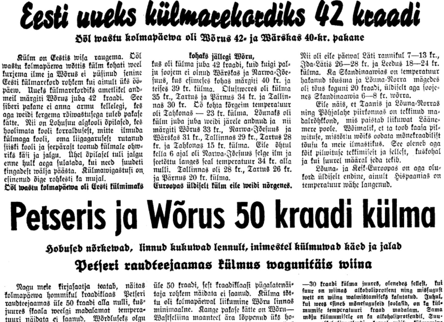 Uudised kangest külmast 18. jaanuaril 1940 ilmunud Postimehes.
