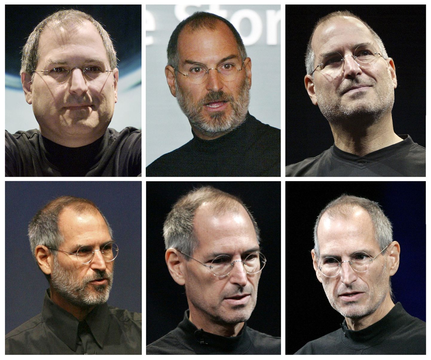 Steve Jobs  erinevatel aastatel (ülemine eida vasakult paremale) 2000, 2003, 2005,(alumine rida vasakult paremale) 2006, 2008 and 2009.