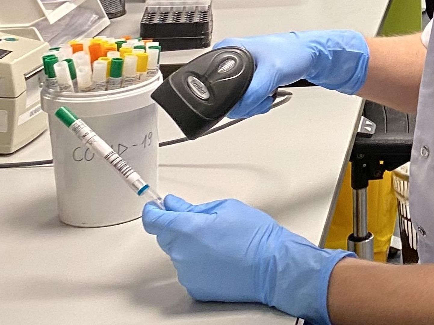 SYNLAB-i laborant registreerib koroonaviiruse proovi materjali laborisse saabumise.