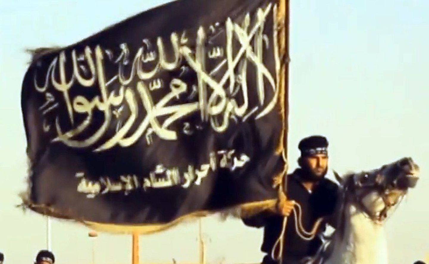 Islamiriigi võitleja rühmituse lipuga. Kaader on pärit sunniitliku äärmusorganisatsiooni propagandavideost.