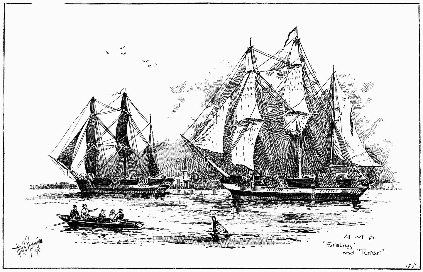 Joonistus viitseadmiral Franklini juhitud ekspeditsiooni kuulunud kahest laevast Terrorist ja Erebusest.