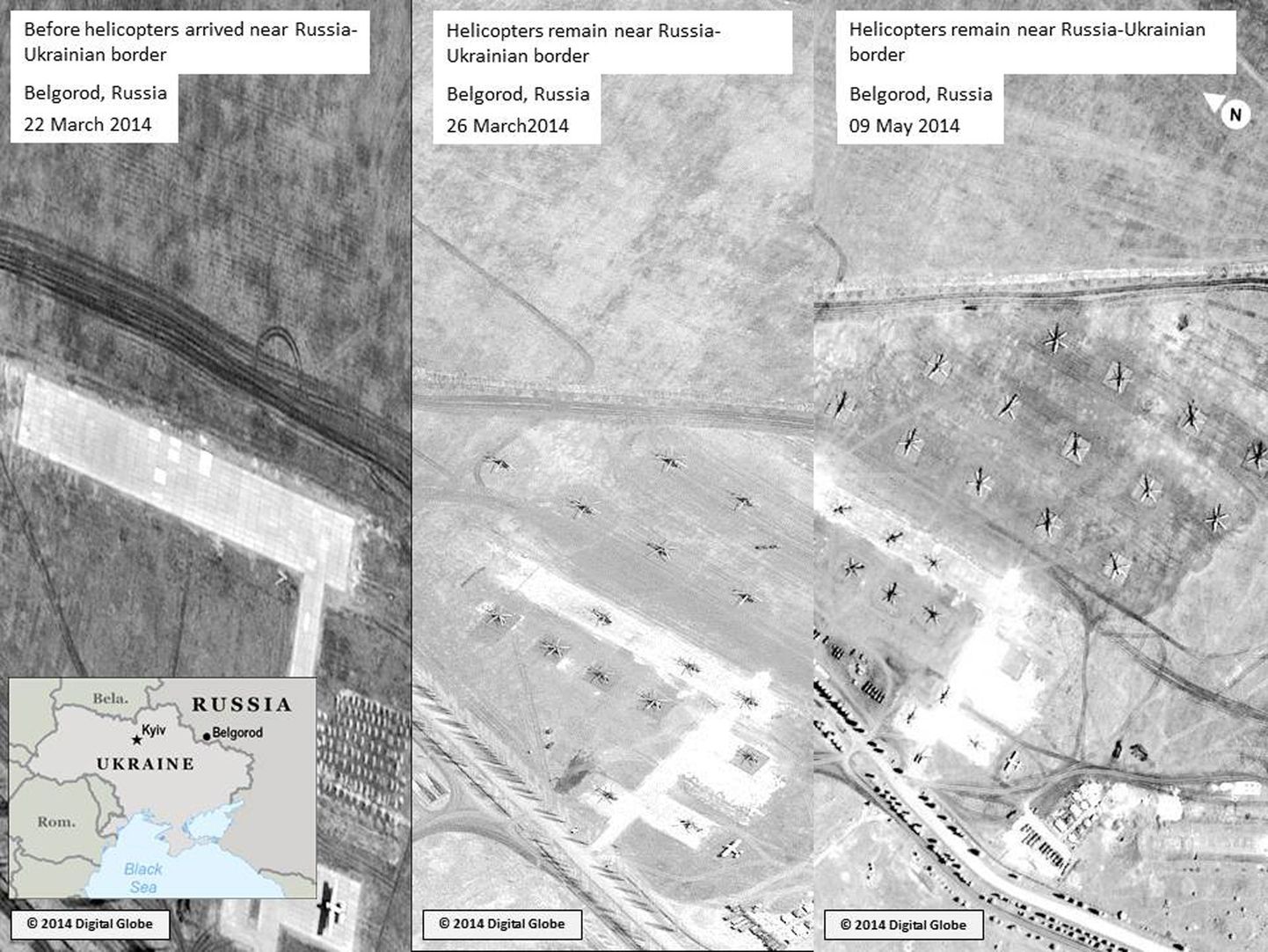 Satelliidi vahendusel tehtud fotodelt on näha, et 9. mail olid Vene üksused samal kohal ukraina piiri lähistel, kus 26. märtsilgi.