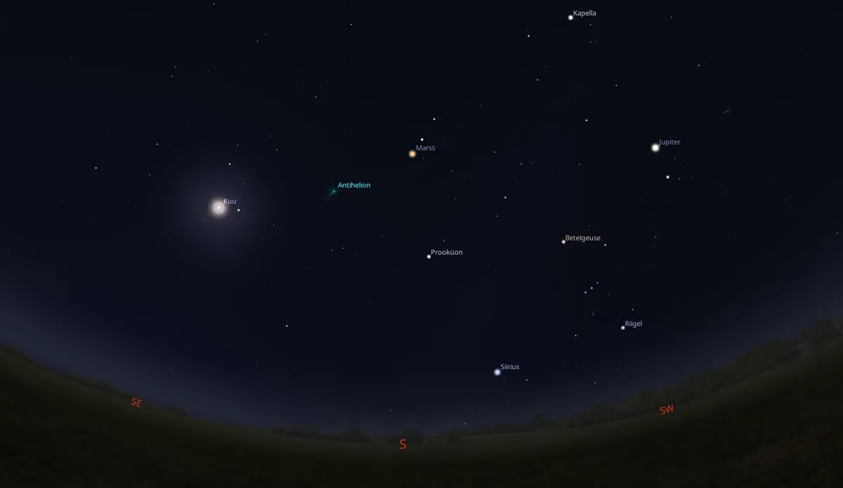 Marsi ja Jupiteri asukohad meie öötaevas. Kuvatõmmis pärineb vabavaralisest planetaariumiprogrammist Stellarium.