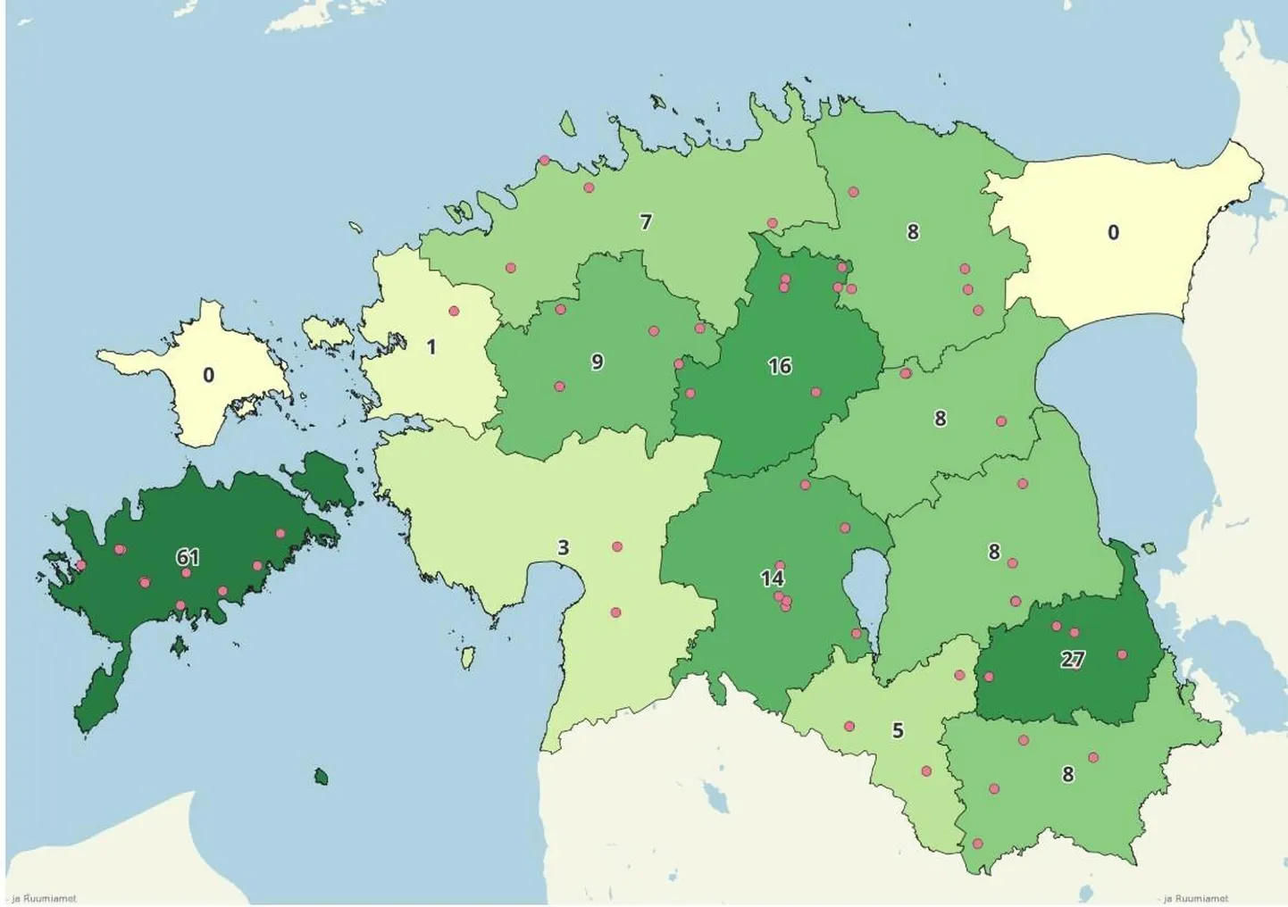 Talvituvate nahkhiirte paiknemine maakonniti, number näitab leitud nahkhiirte koguarvu maakonna kohta.