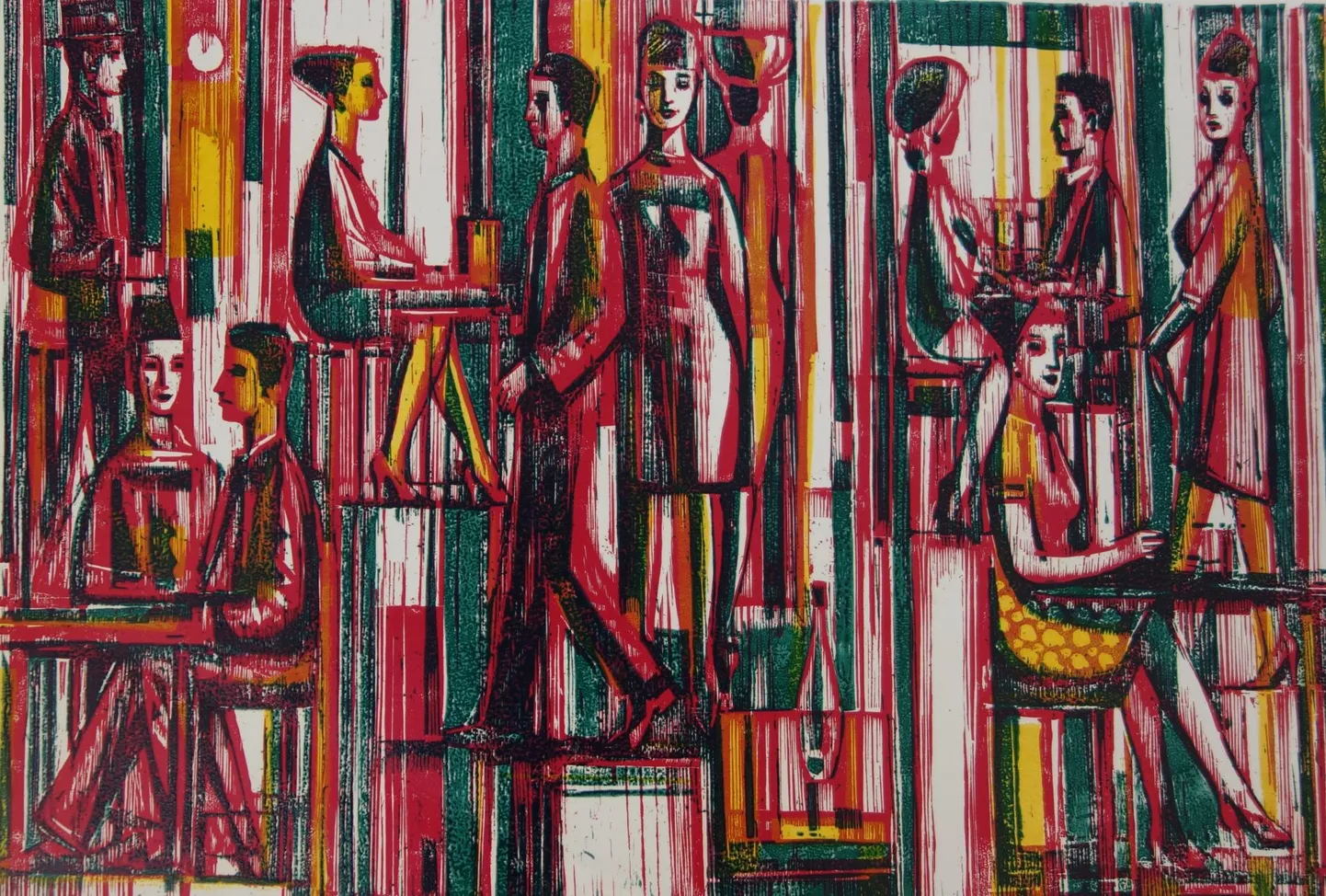 «Kohvikus» (värviline vineerilõige paberil, pildil fragment) on valminud aastal 1966 Torontos.