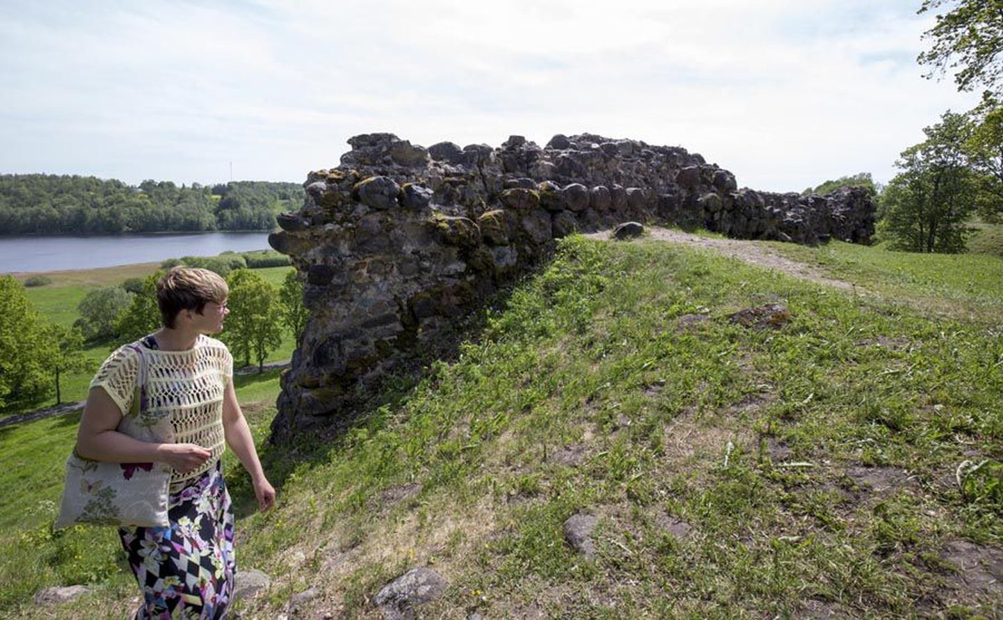 Monika Vestman uurib Teise Kirsimäe veerel peagi konserveerimisele mineva müüri juppi.