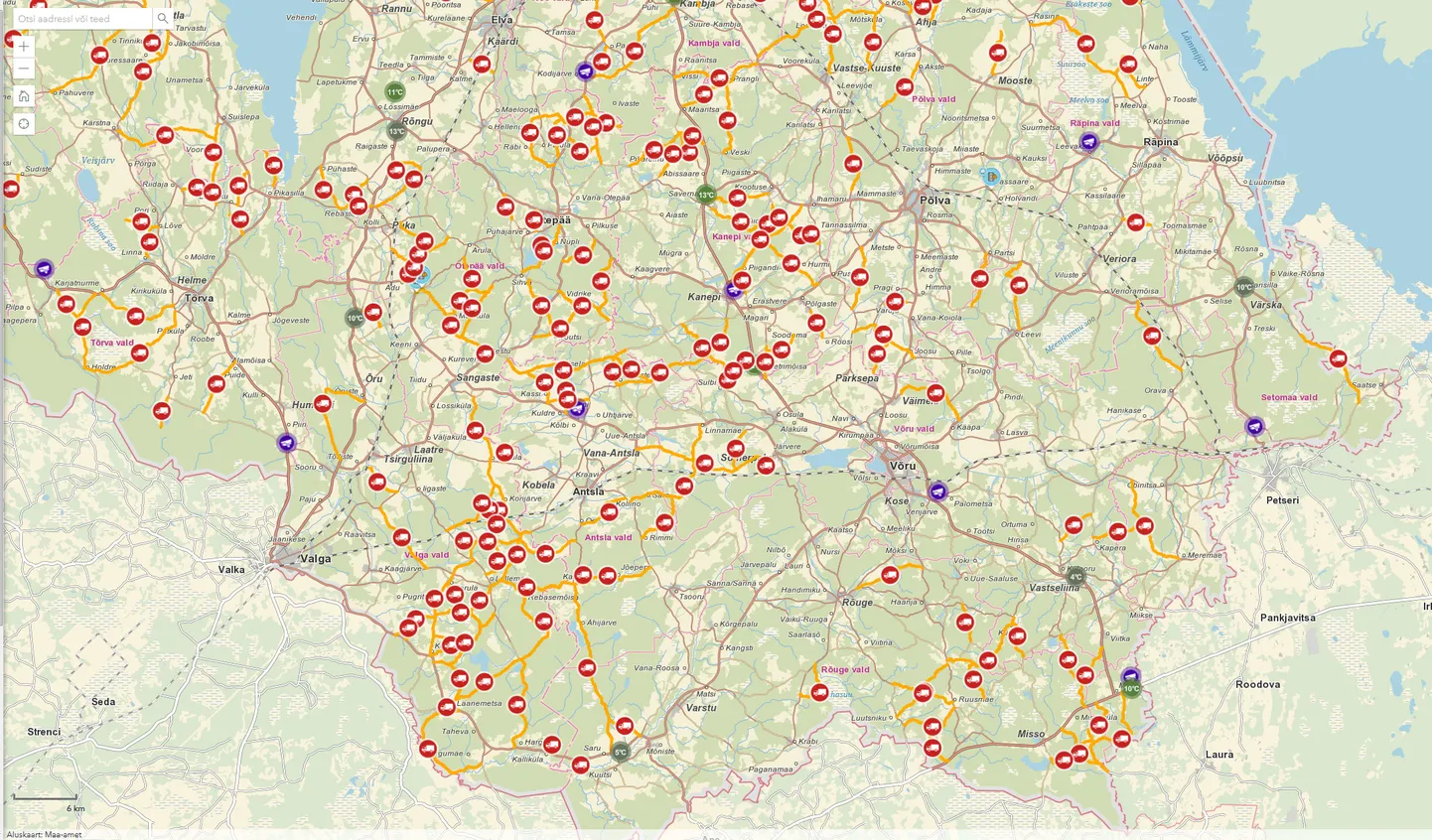 Massipiirangud Lõuna-Eesti  teedel seisuga 28. märts. Allikas: Maanteeamet
