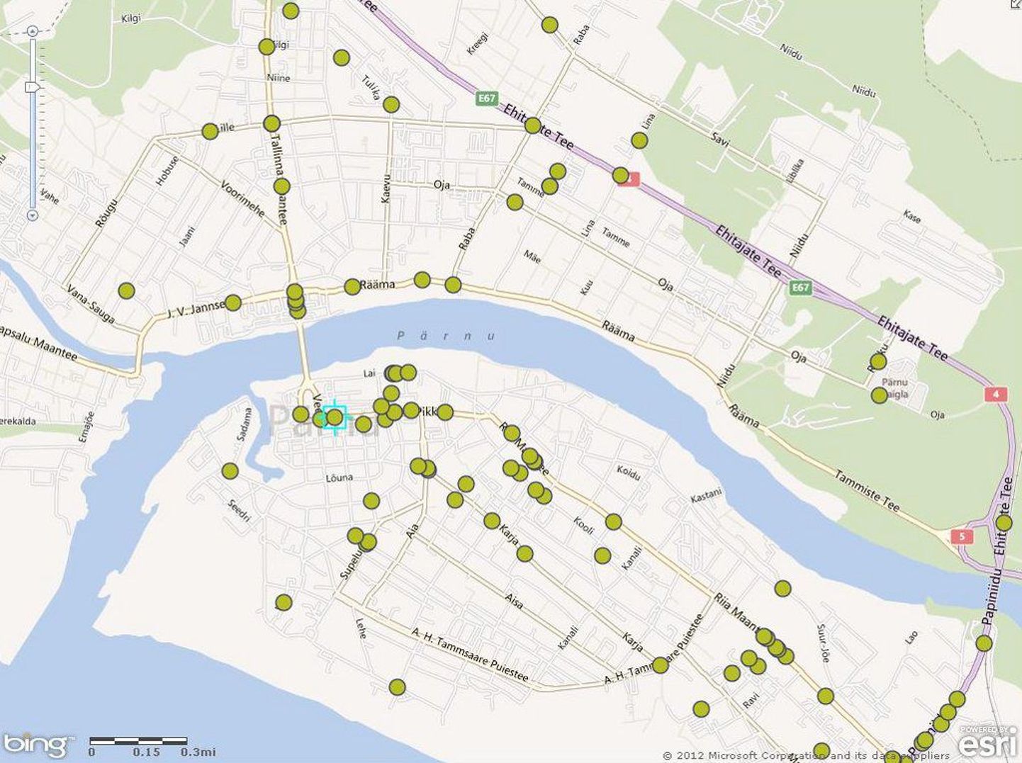 Fragment liiklusõnnetuste kaardirakenduse veebilehelt. Kaardil on märgitud kohad, kus Pärnus eelmisel aastal liiklusõnnetused juhtusid.