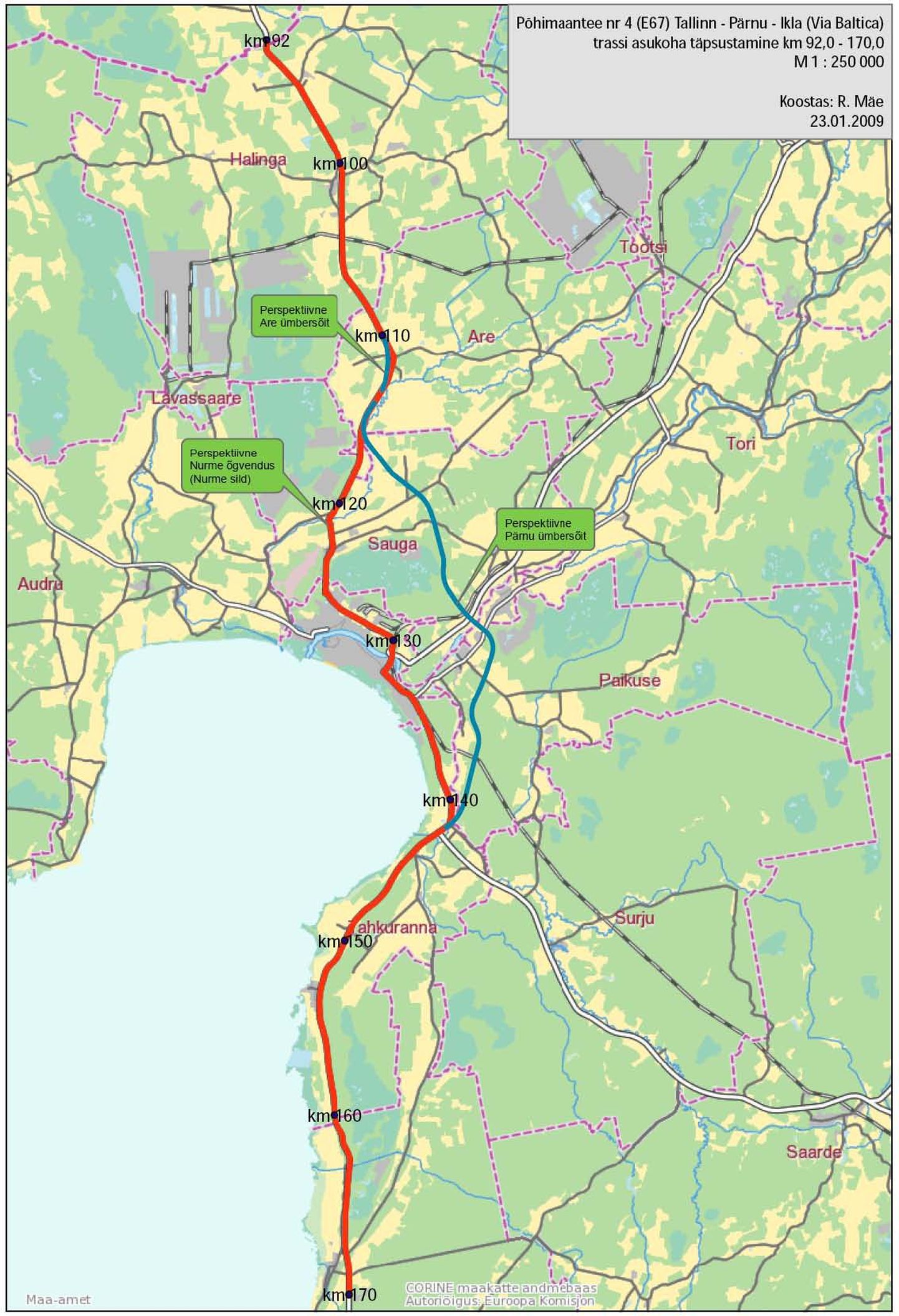 Teemaplaneeringuga hõlmatud Tallinna-Pärnu-Ikla maantee kilomeetritel 92-170 (punane joon) ning Pärnu maakonna planeeringu järgne perspektiivne Pärnu ümbersõit (sinine joon).