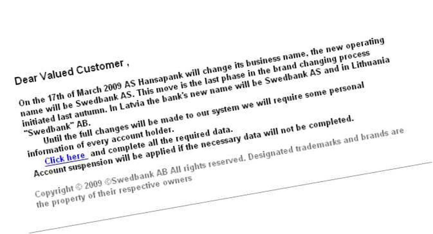 Internetis levib Swedbanki kliente petta üritav e-kiri.