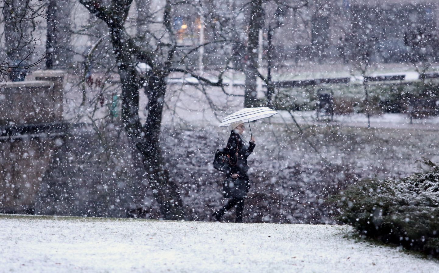 Женщина во время снегопада