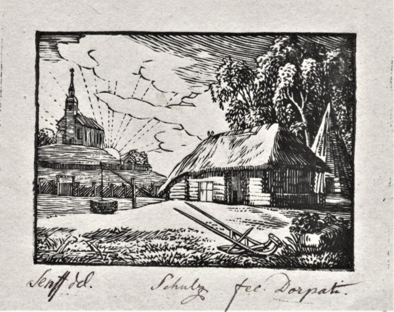 Tartu ülikooli raamatukogu kunstikogus on Karl August Senffi kavandi järgi arvatavasti Samuel Benjamin Schultzi valmistatud trükiklotsiga tehtud pilt aastast 1806. See on ühtlasi Tarto maa-rahwa Näddali-Lehe päisillustratsioon.