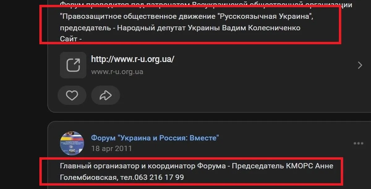 Колесниченко возглавлял "Русскоязычную Украину", а Голембиовская - Киевский молодежный отдел "Россотрудничества" КМОРС