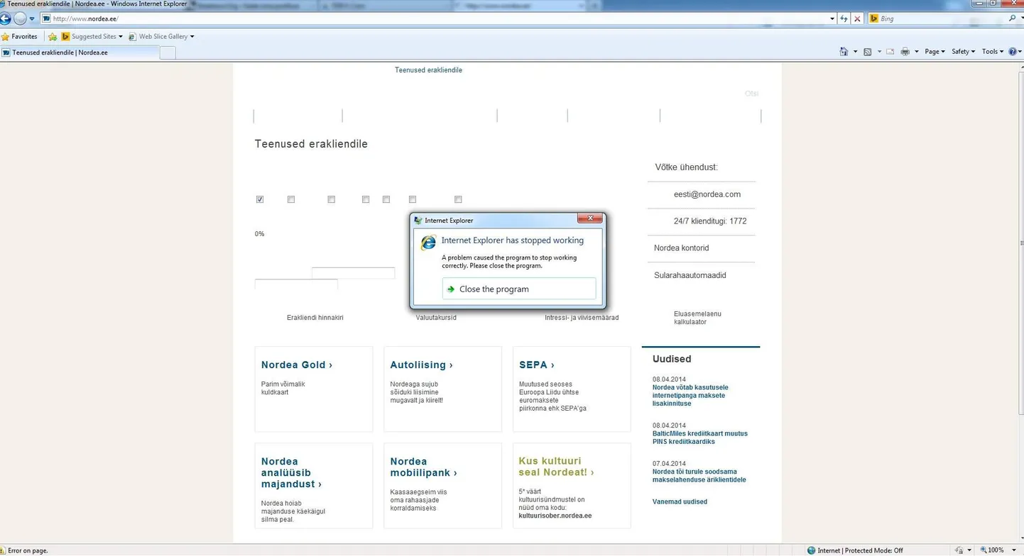 Nordea koduleheküljel erines tõrkeid.