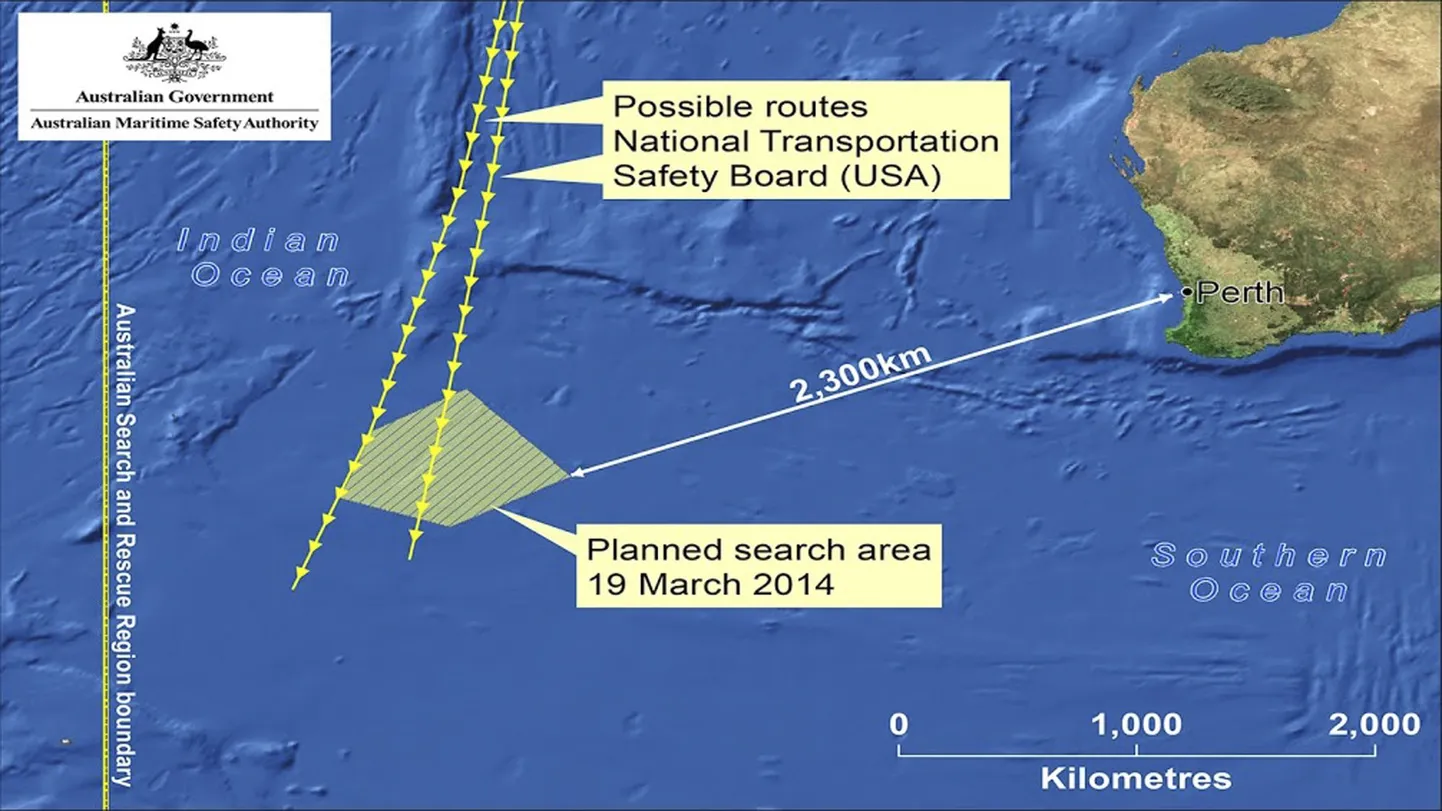 Austraalia võis leida India ookeanist Malaisia kadunud lennuki kohta tõendeid. Pildil on märgitud triibutatuna ala, kus võib olla Malaysia Airlines jäänuseid