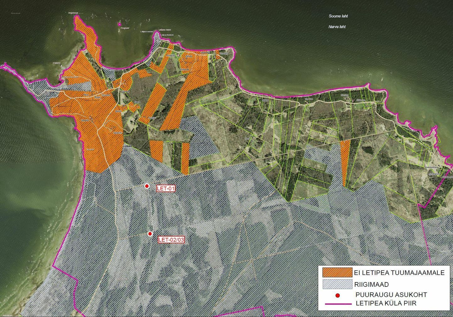 Карта недвижимости деревни Летипеа. Недвижимость, владельцы которой к полудню понедельника подписались против строительства атомной станции, отмечена оранжевым цветом.