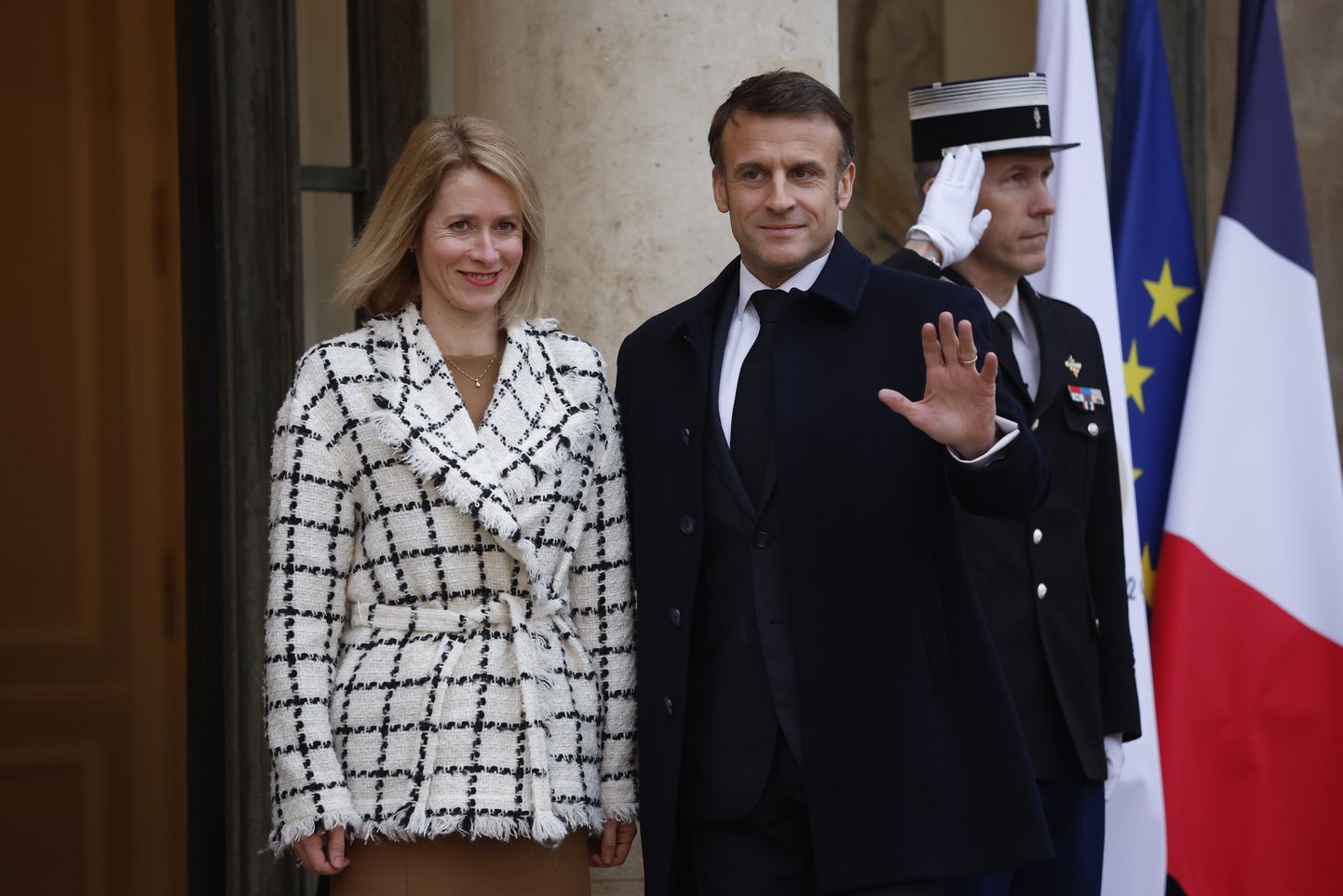 French President Emmanuel Macron greets Estonia's Prime Minister Kaja Kallas upon her arrival at the Elysee Palace to attend the international conference in support of Ukraine in Paris, France, 26 February 2024.