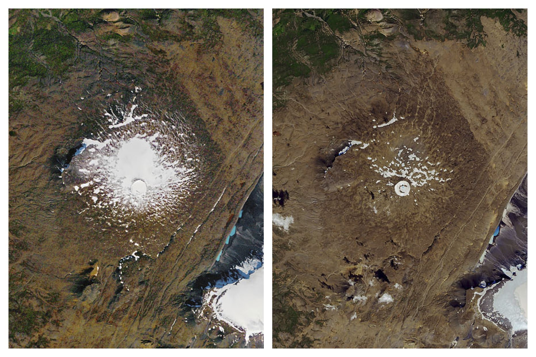 NASA fotod Okjökulli liustikust 1986. aasta 14. septembril ja 2019. aasta 1. augustil.