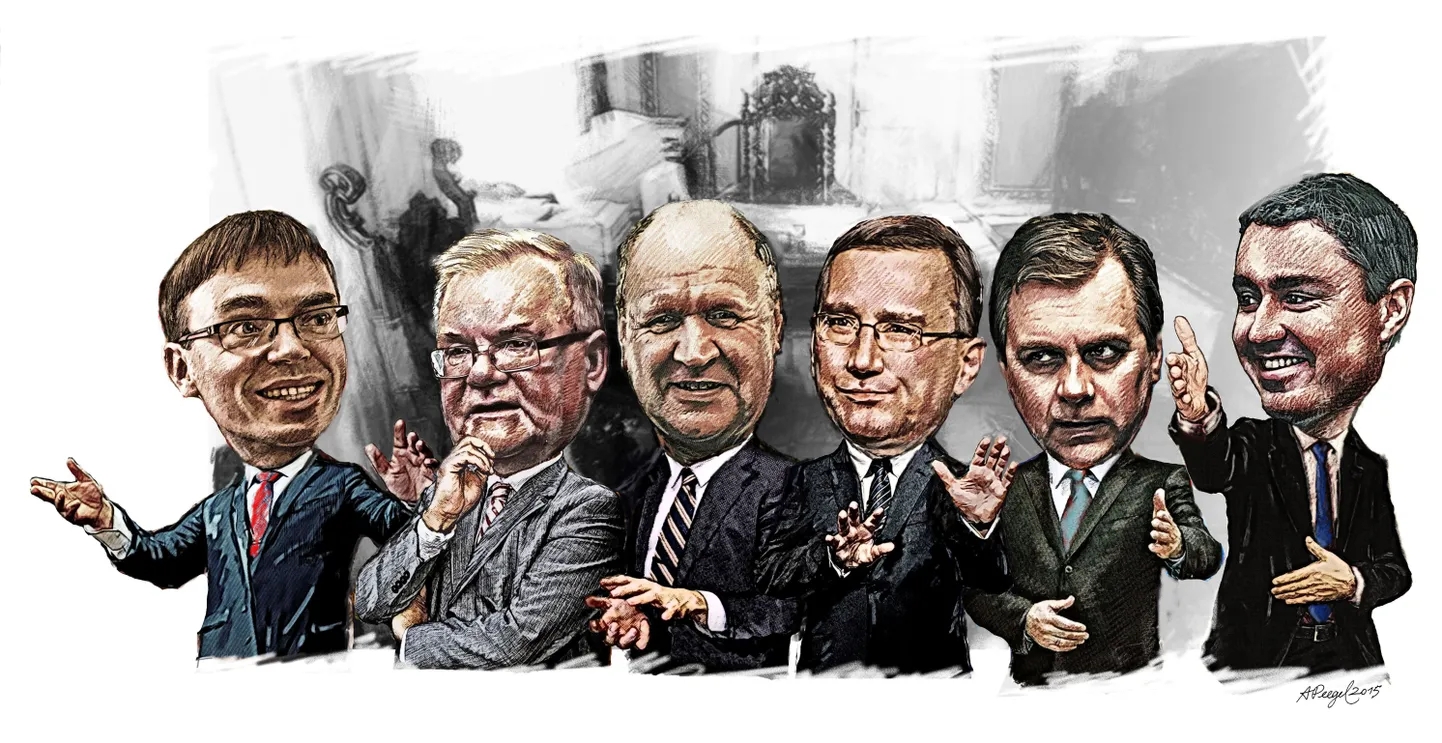 Suuremate erakondade esinumbrid Sven Mikser, Edgar Savisaar, Mart Helme, Juhan Parts, Andres Herkel, Taavi Rõivas.