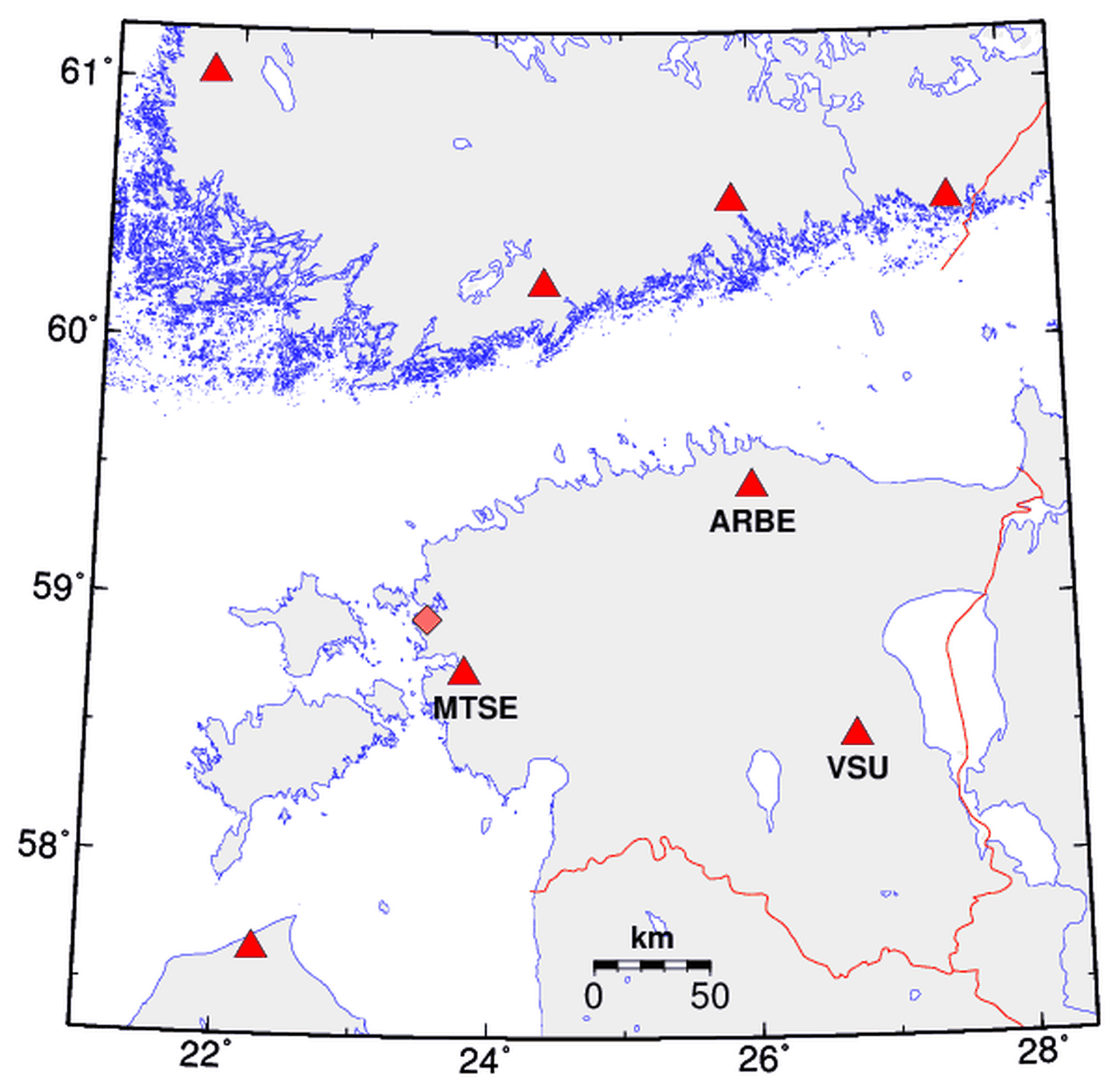 Haapsalu maavärin (oranž kaldruut) ja kõige lähemad seismojaamad (punased kolmnurgad.)