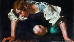Фрагмент картины "Нарцисс" итальянского художника Караваджо