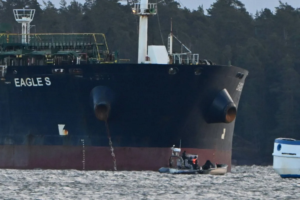 Finnish Coast Guard stopped a small boat which tried to reach the oil tanker Eagle S anchored near the Kilpilahti port in Porvoo, on the Gulf of Finland December 30, 2024. Cook Islands-registered ship Eagle S is suspected of the disruption of the Finland-Estonia electrical link Estlink 2 on December 25, 2024.