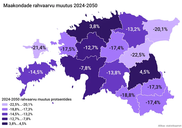 Rahvaarvu kahanemine maakonniti aastatel 2024–2050.