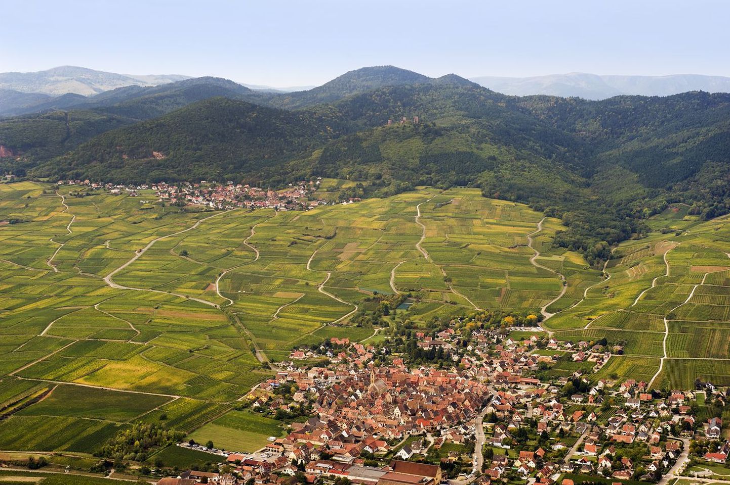 Viinamäed ja Vogeesid: esiplaanil veinilinnake Eguisheim, mille rahvas on hääletanud ka Prantsusmaa kaunimaks külaks ja mis on üks Alsace’i veinitee tõmbenumbreid.