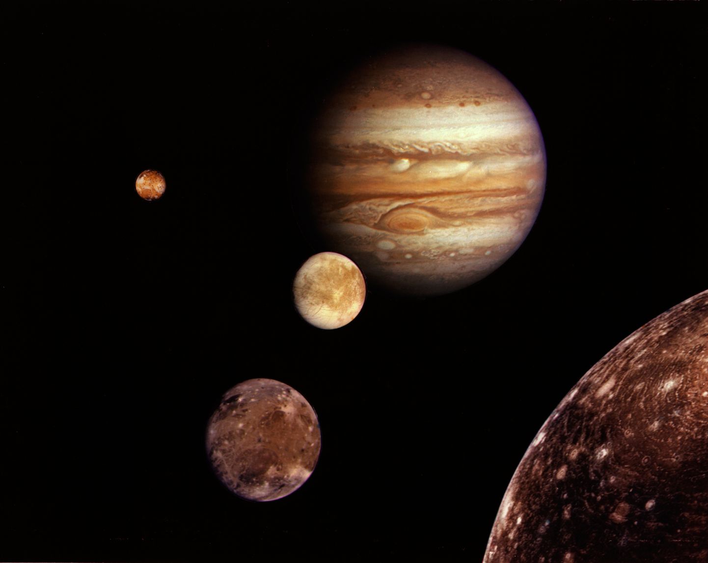 Jupiter ja tema neli kuud - Europa, Ganymede, Callisto ja Io.