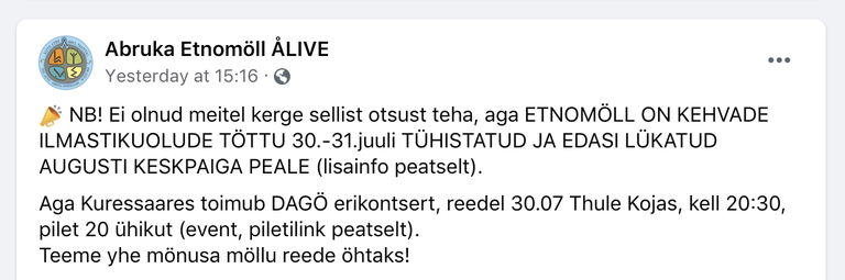 Kuvatõmmis ÅLIVE'i Facebooki kontolt 29.07