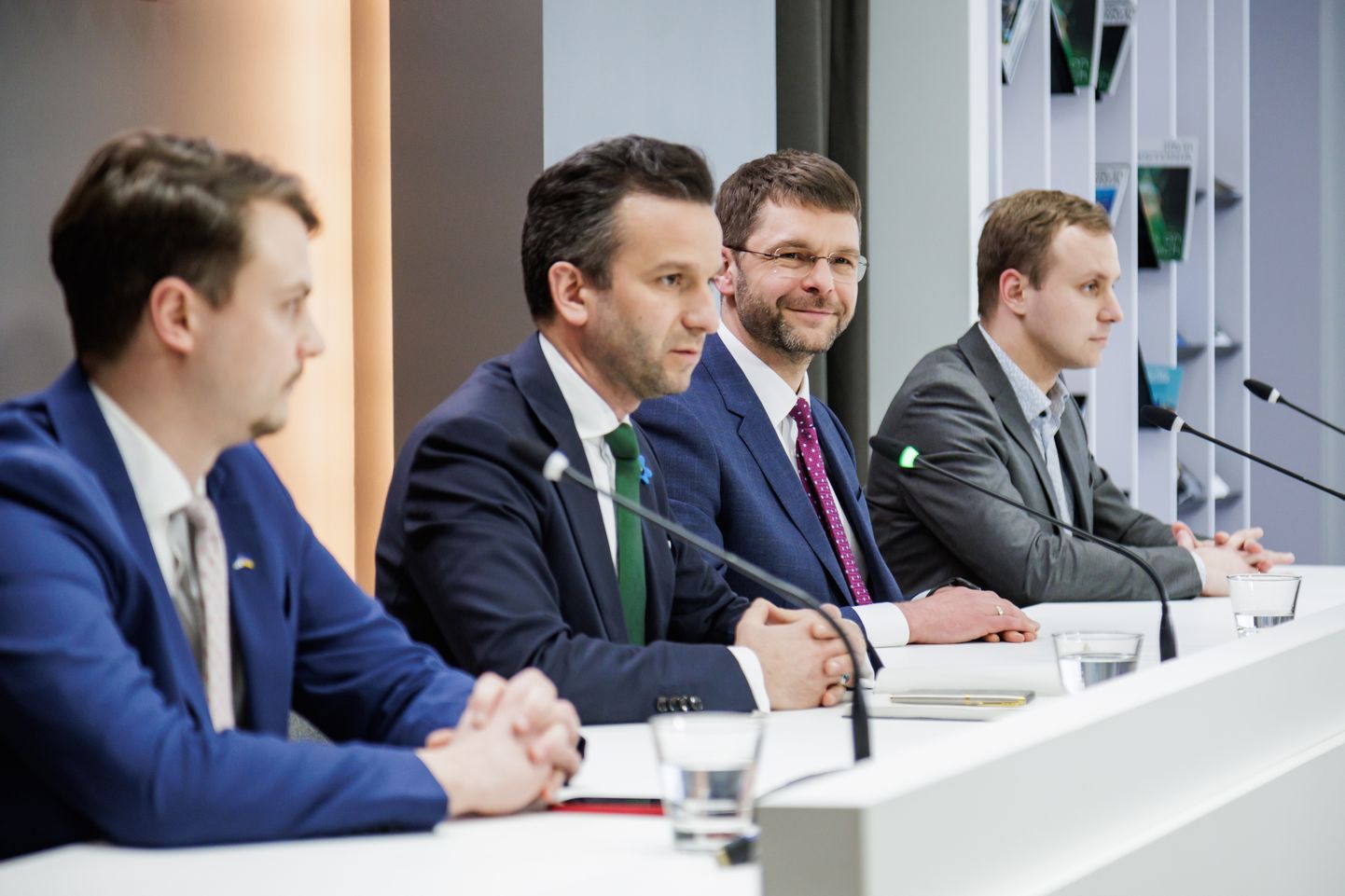 First press conference of Tallinn's new city government. From left, Andrei Jašin, Pärtel-Peeter Pere, Jevgeni Ossinovski, Karl Sander Kase.
