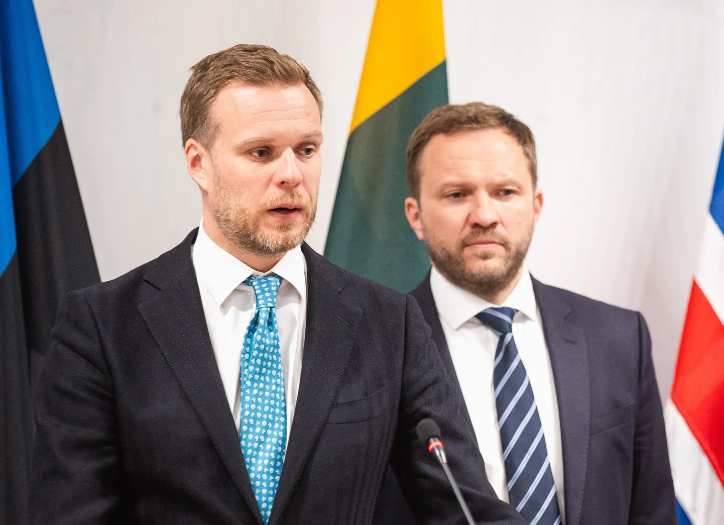 Министр иностранных дел Литвы Габриэлюс Ландсбергис и глава МИД Эстонии Маргус Цахкна на совместной пресс-конференции в Грузии, 15 мая 2024 года.