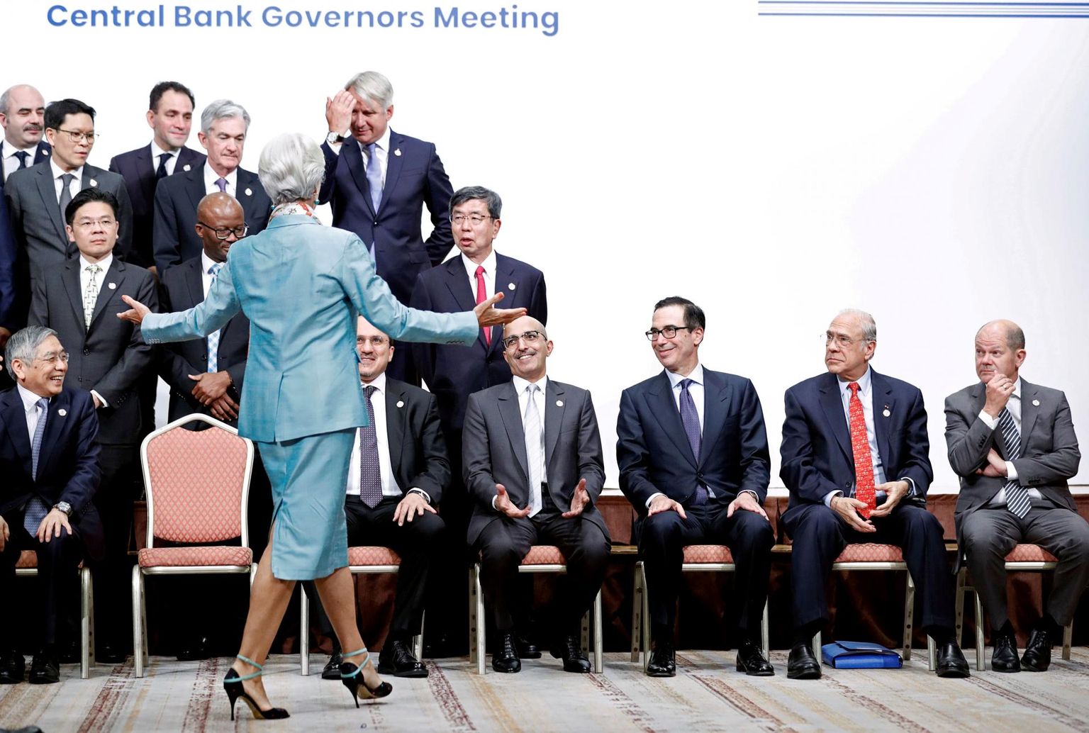 Mõjukas daam meeste seltskonnas: Euroopa Keskpanga  presidendikandiaat Christine Lagarde tunneb ennast hästi nii rahandusministrite kui ka keskpankurite seas. 