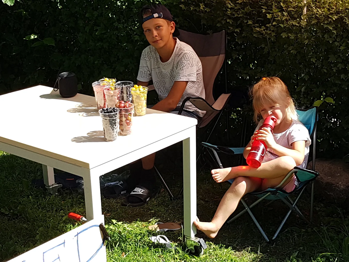 Hans Heiki ja Helene Adele Tahur müüvad kodumaja värava kõrval Paides Pärnu tänaval värskeid marju.