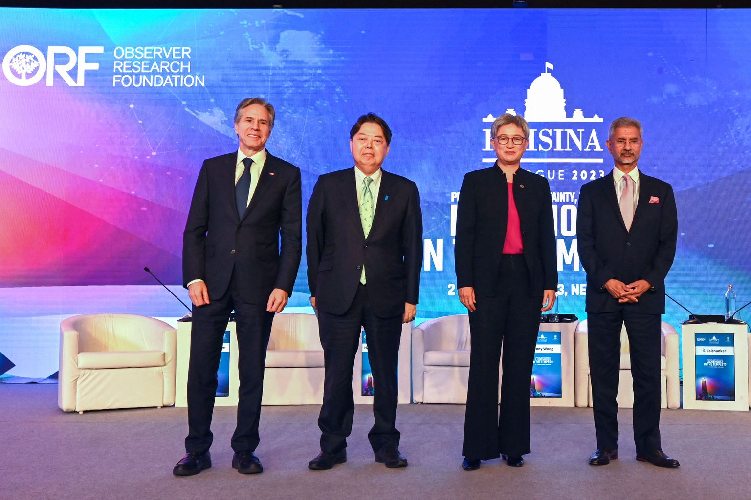 USA-, Jaapani-, Austraalia- ja India välisministrid  Antony Blinken, Yoshimasa Hayashi, Penny Wong ja Subrahmanyam Jaishankar nn neliku kohtumise paneeldiskussioonil 3. märtsil 2023. aastal.
