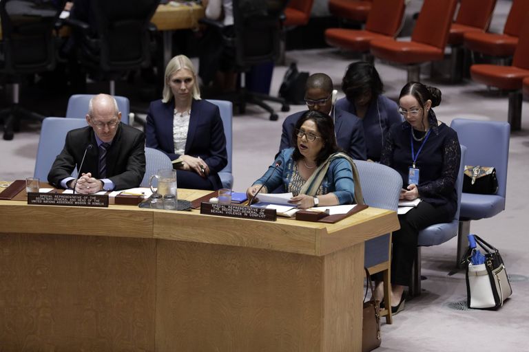 ÜRO eriesindaja Pramila Patten (paremal ees) 21. augustil 2019 julgeolekunõukogus, kus arutati olukorda Somaalias, kus relvakonfliktis leidsid aset vägistamised