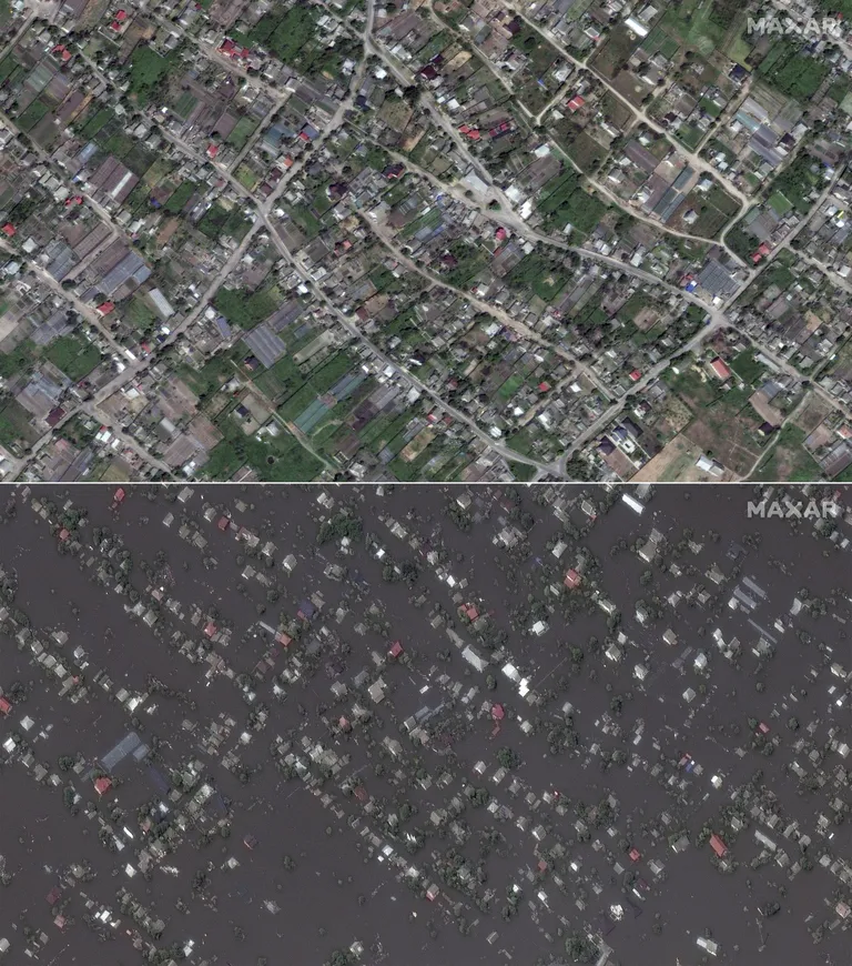 Часть оккупированного Россией города 15 мая - до взрыва (вверху) и после - 7 июня (внизу)