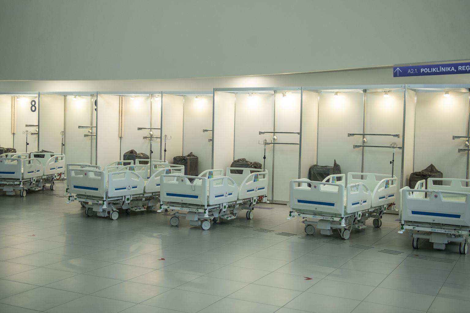 Additional beds in the lobby of Stradiņi hospital