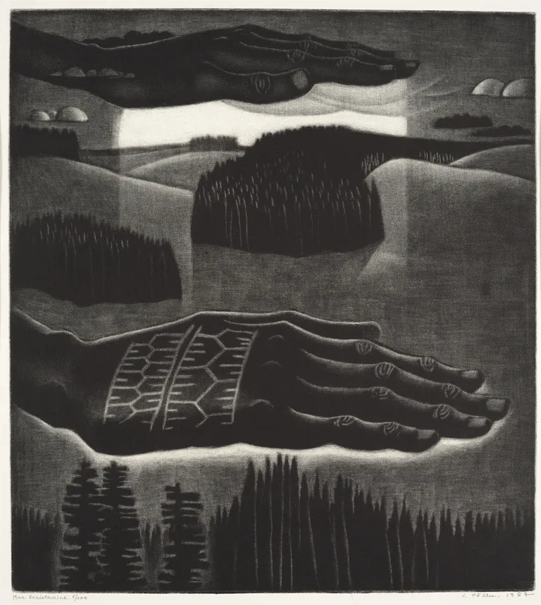 Kaljo Põllu. Maa õnnistamine. Sarjast «Taevas ja maa». 1987. Metsotinto, paber.Eesti Kunstimuuseum