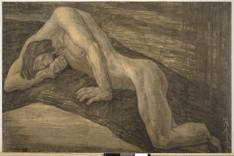 Kristjan Raud "Kalevipoja surm", 1935. Süsi, paber. Eesti Kunstimuuseum.