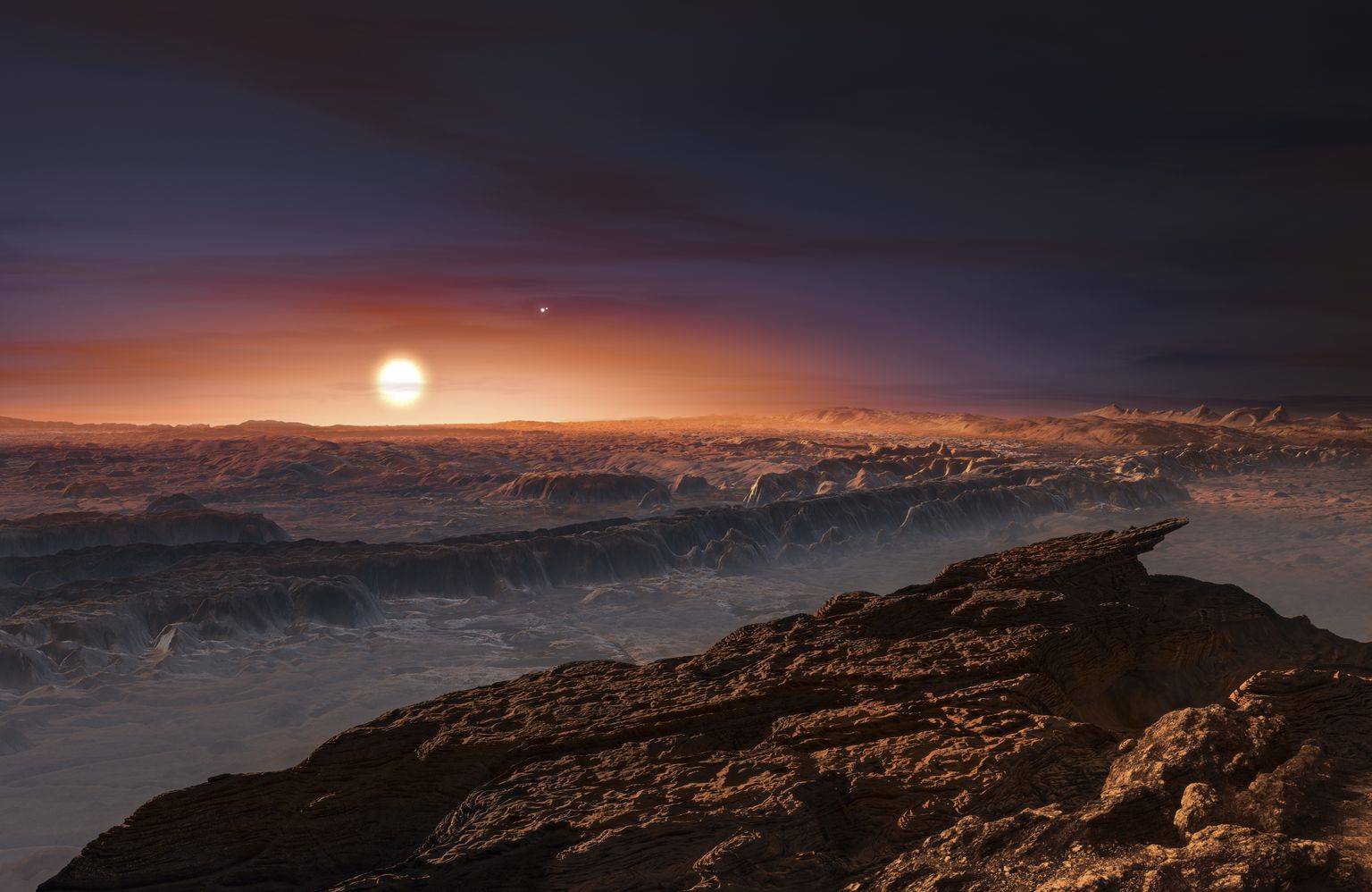 Euroopa lõunaobservatooriumi avaldatud arvutijoonistus planeedist Proxima b ja punasest kääbusest Proxima Centauri, mille ümber planeet liigub