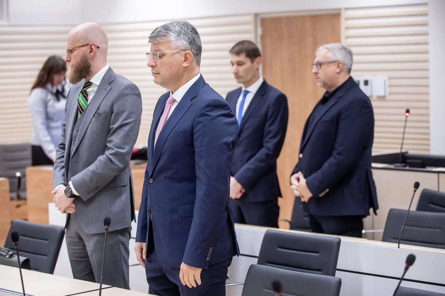 Porto Franco otsuse väljakuulutamine Harju maakohtus. Vasakult Paul Keres, Mihhail Korb, Margus Kurm, Hillar Teder.